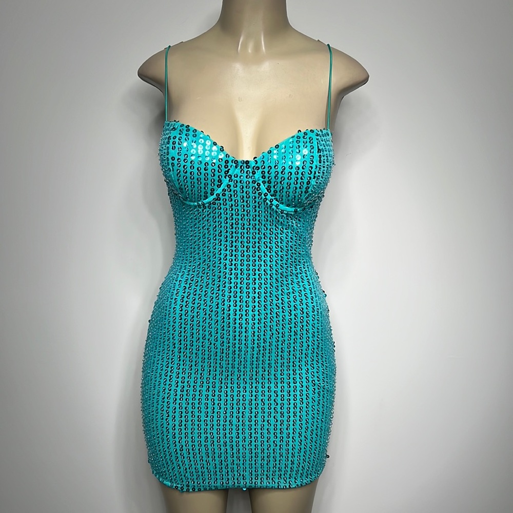 Oh Polly teal body con sequin dress US size 6 NWT